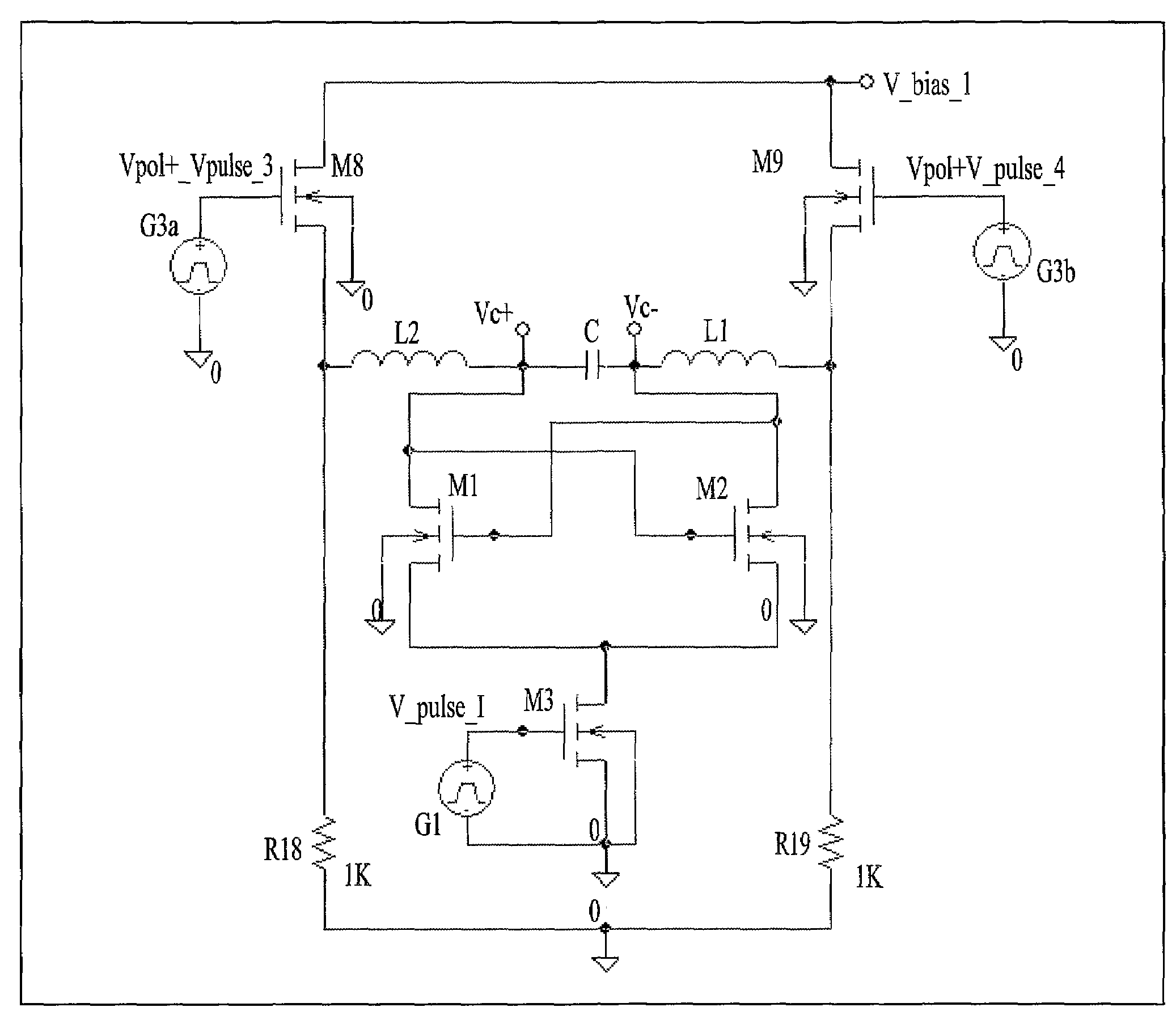 Differential oscillator device with pulsed power supply, and related driving method