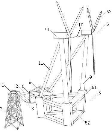 Multi-fan floating system moored by soft rigid arm