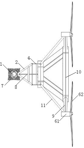 Multi-fan floating system moored by soft rigid arm