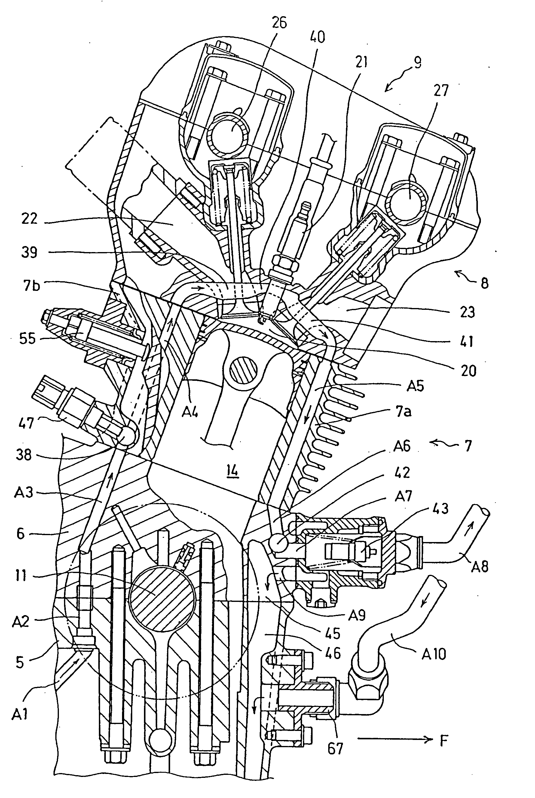 Cylinder head cooling structure for an internal combustion engine, including an oil temperature sensor and an oil temperature control system