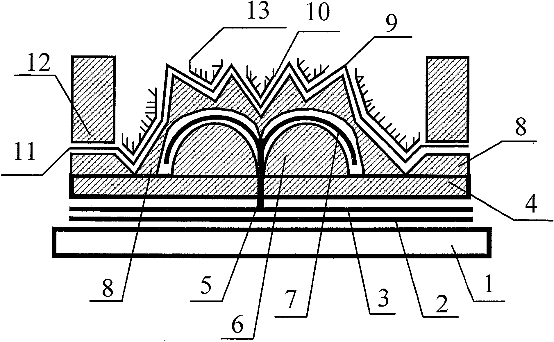 Flat-panel display device with internal gate-modulated multi-angle cathode structure and its preparing process