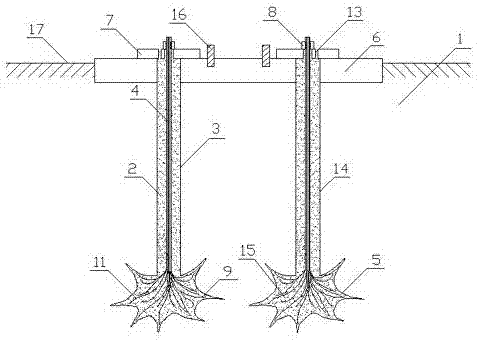 Fractured rock mass subgrade quadrangle anchoring anti-uplift pressing shifting foundation and construction method thereof