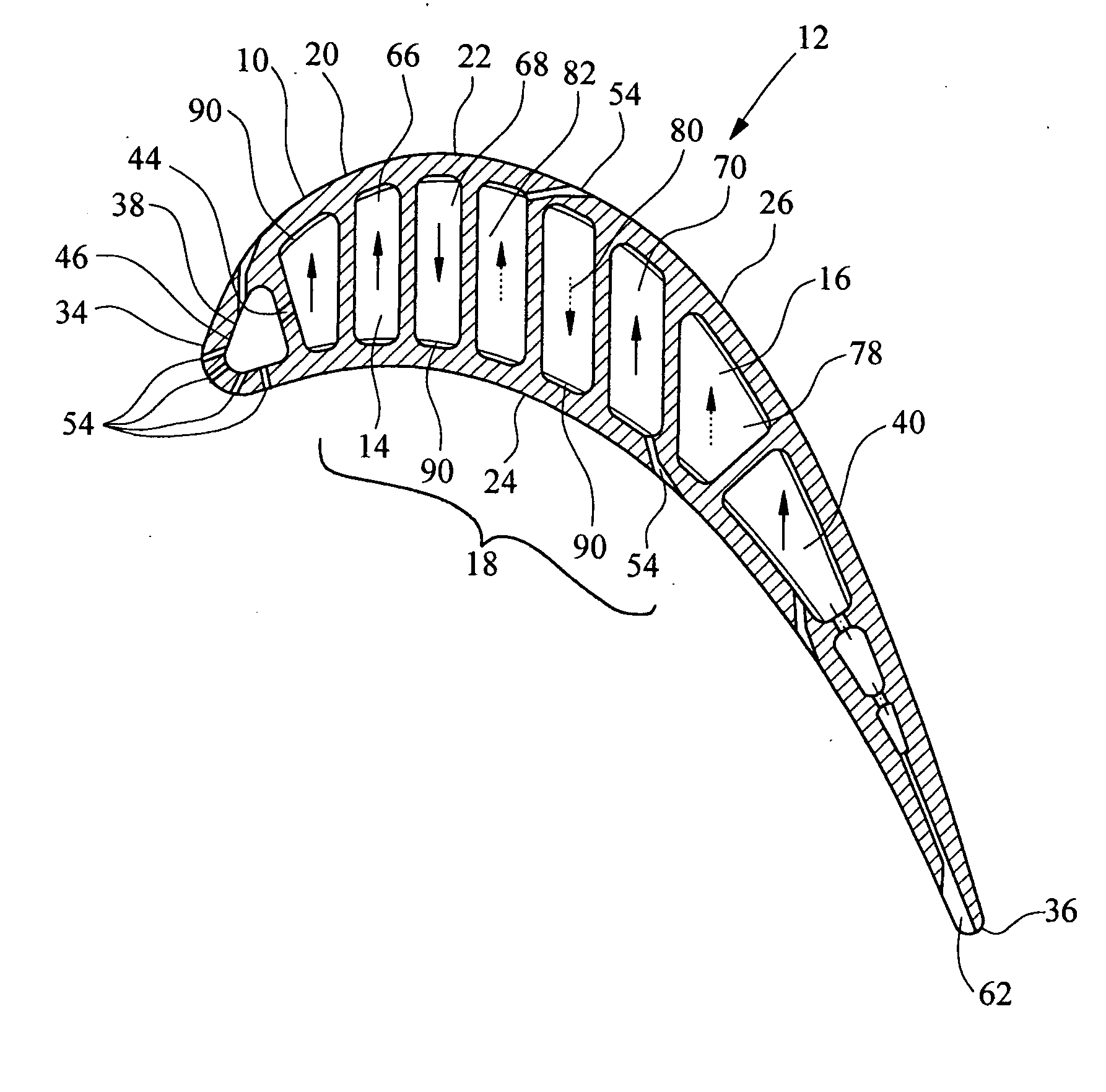 Turbine airfoil with counter-flow serpentine channels