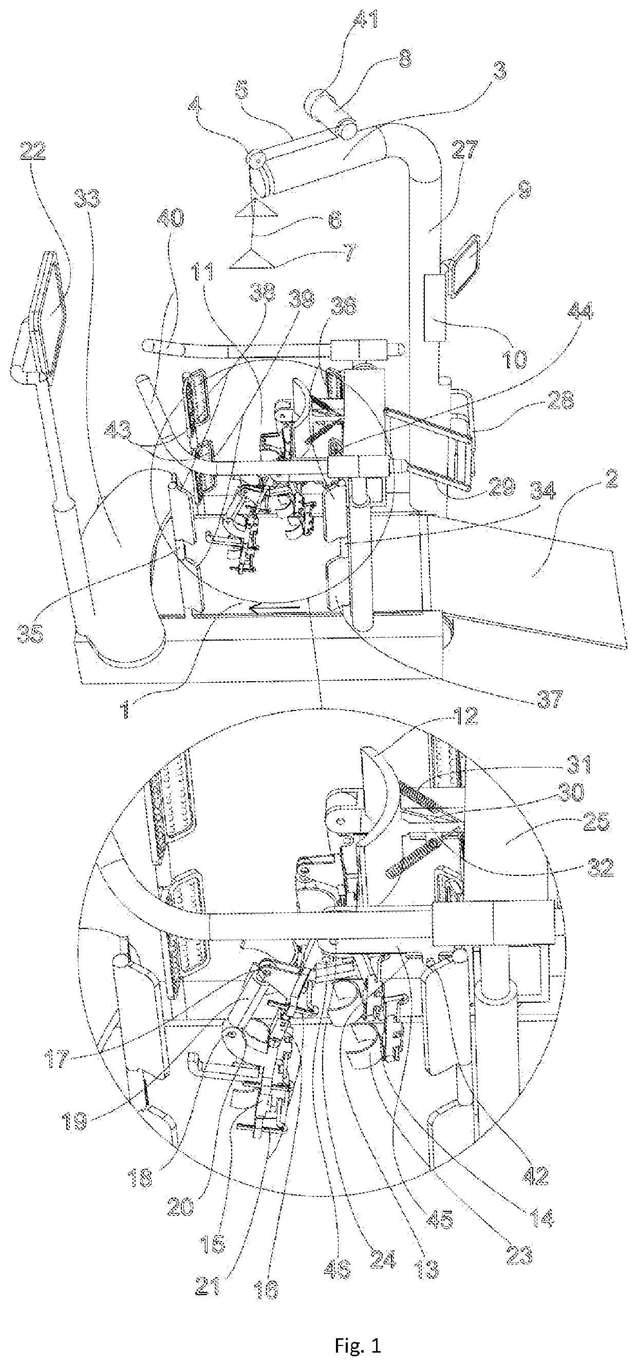 Infrared ray equipment for robotic rehabilitation on a treadmill, having flexible pelvic attachment