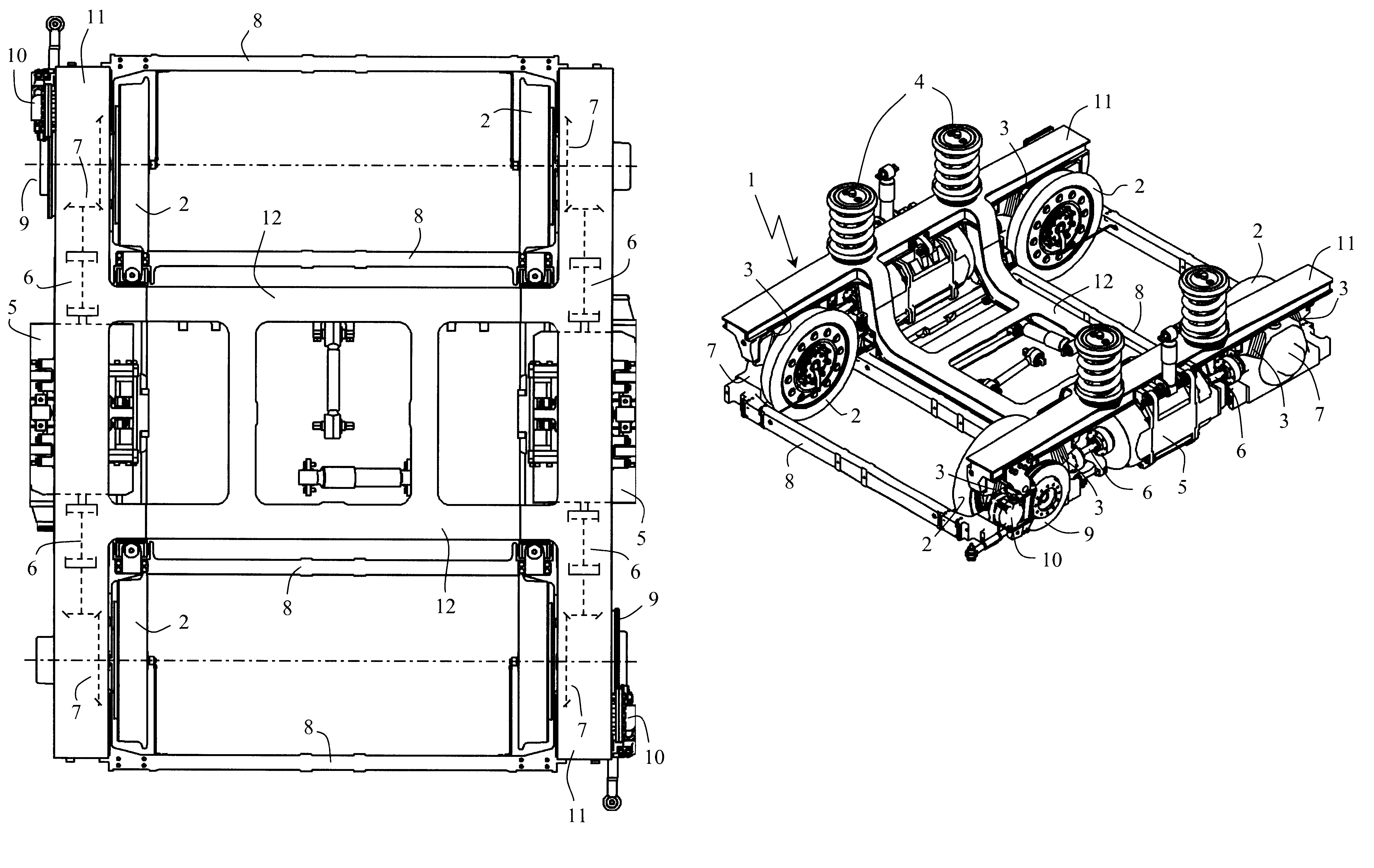 Motor bogie for a vehicle having an integral low-slung floor