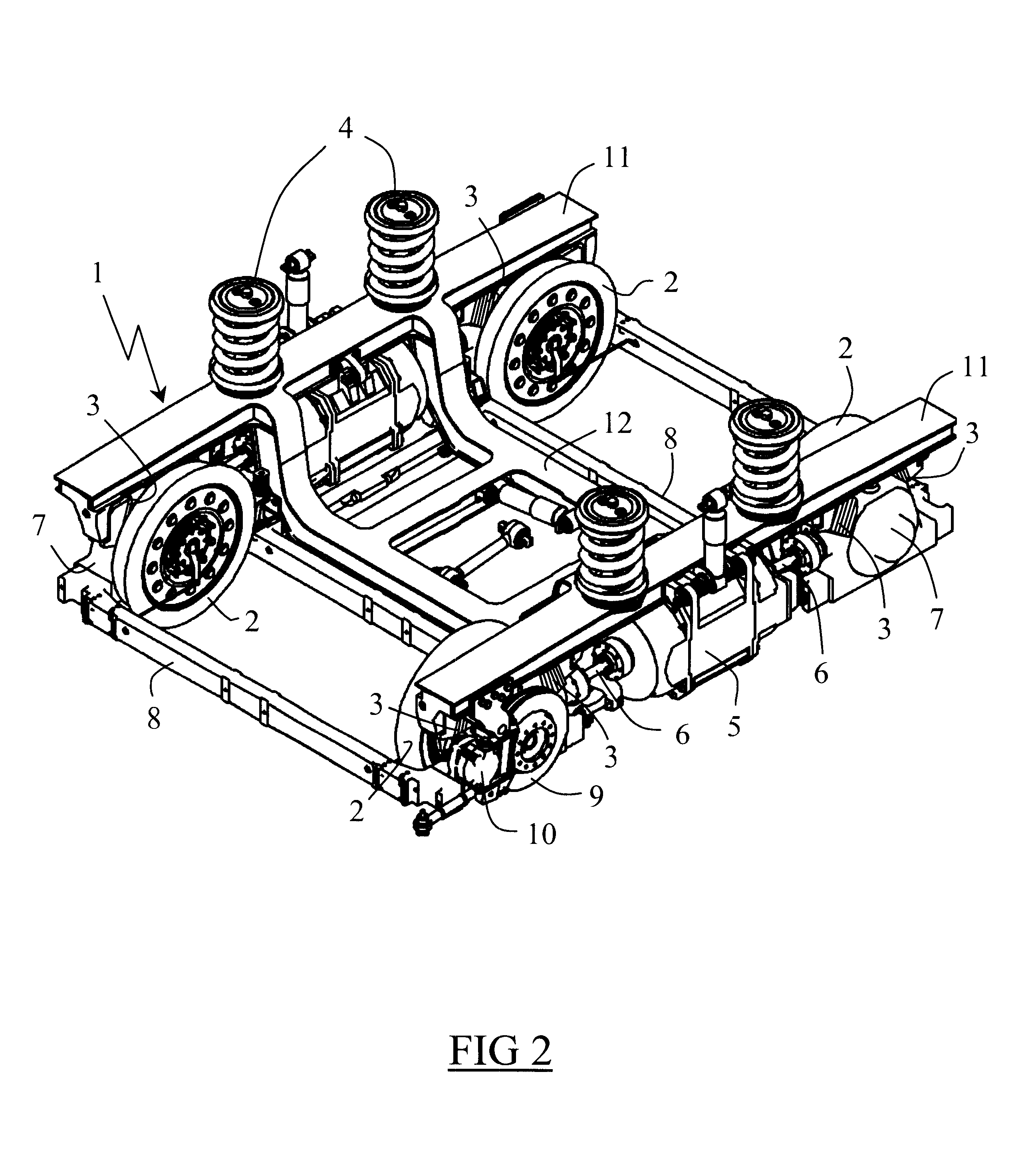 Motor bogie for a vehicle having an integral low-slung floor