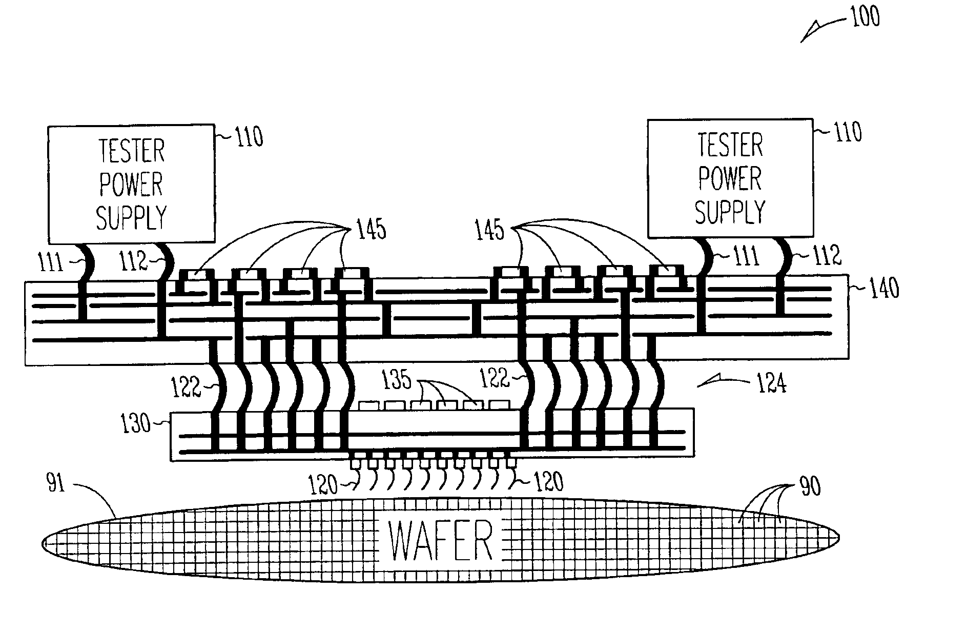 Embedded voltage regulator and active transient control device in probe head for improved power delivery and method