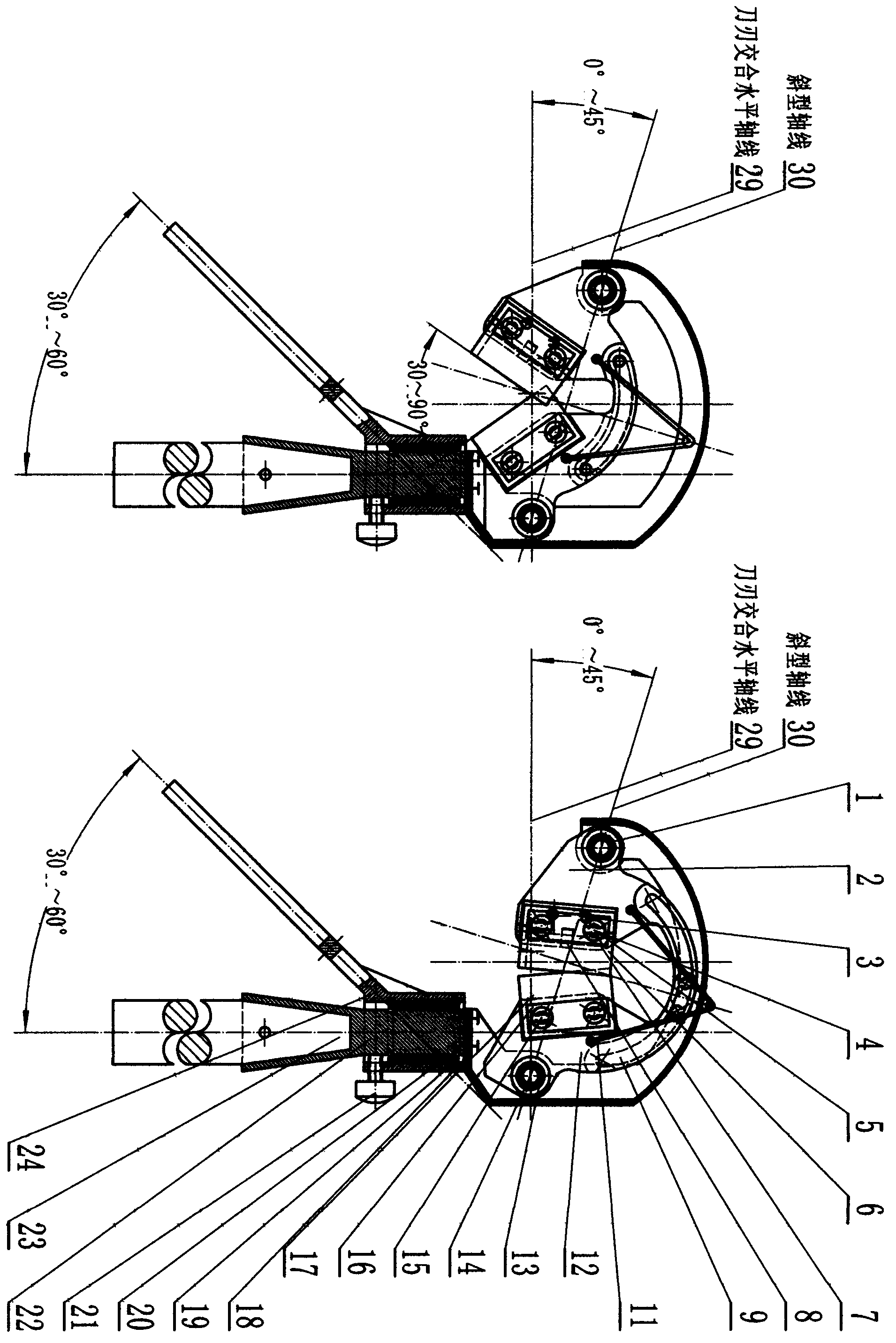 Oblique-axis horizontal-axis-knife automatic cutting-pulling harvester for fruits on high branches