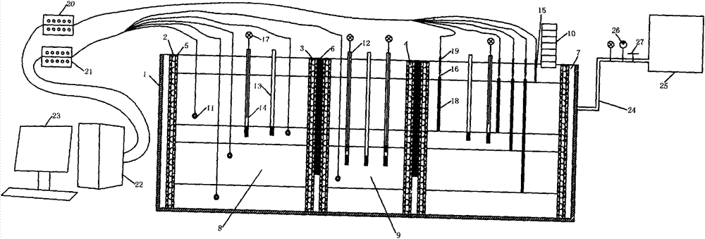 Testing apparatus used for simulating foundation pit three-dimensional seepage caused by combined effects of separating-lowering-pouring and ground deformation mechanism