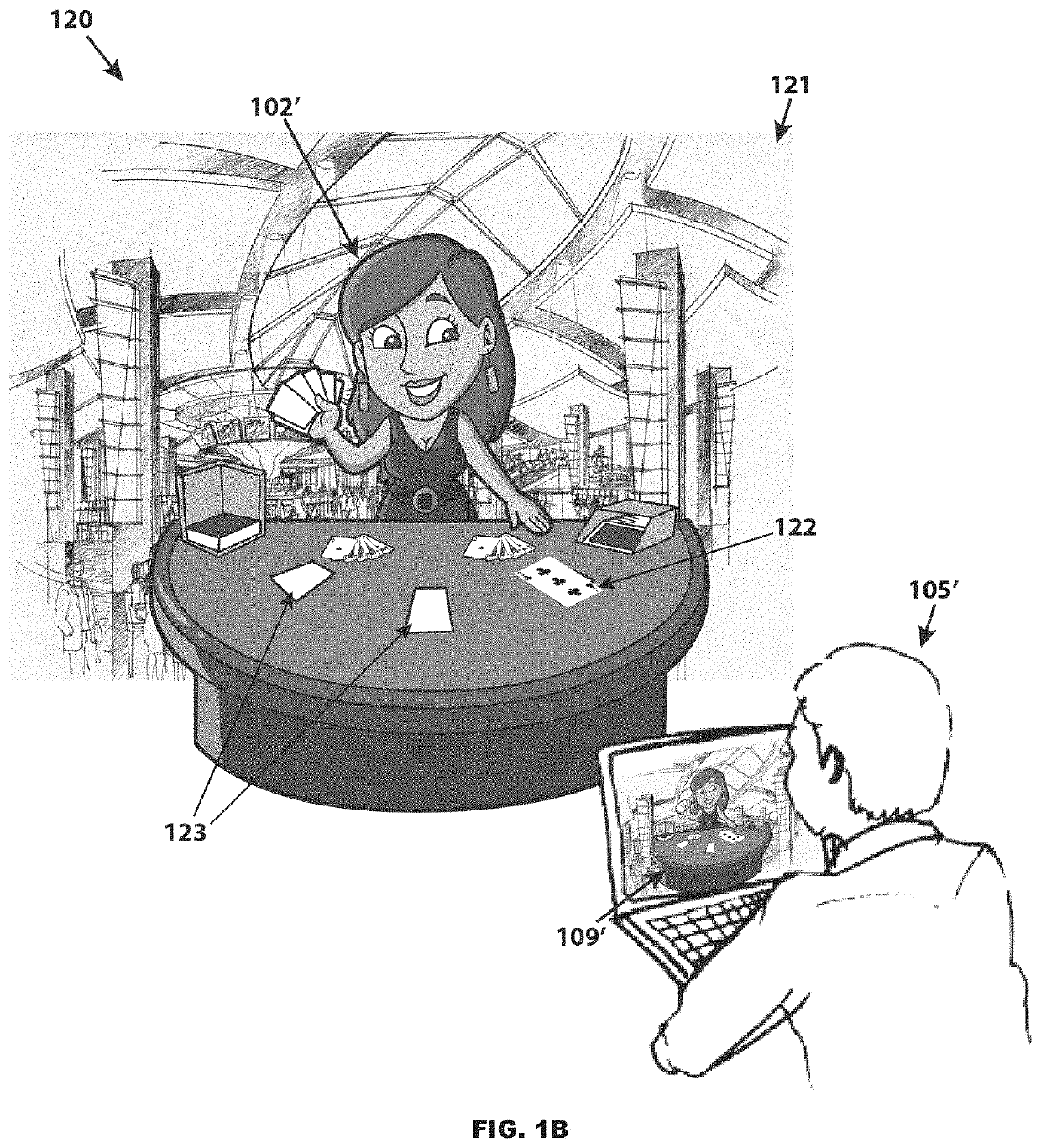 Virtual three-dimensional user interface object having a plurality of selection options on its outer surface for interacting with a simulated environment, and system for providing a simulated environment that uses same