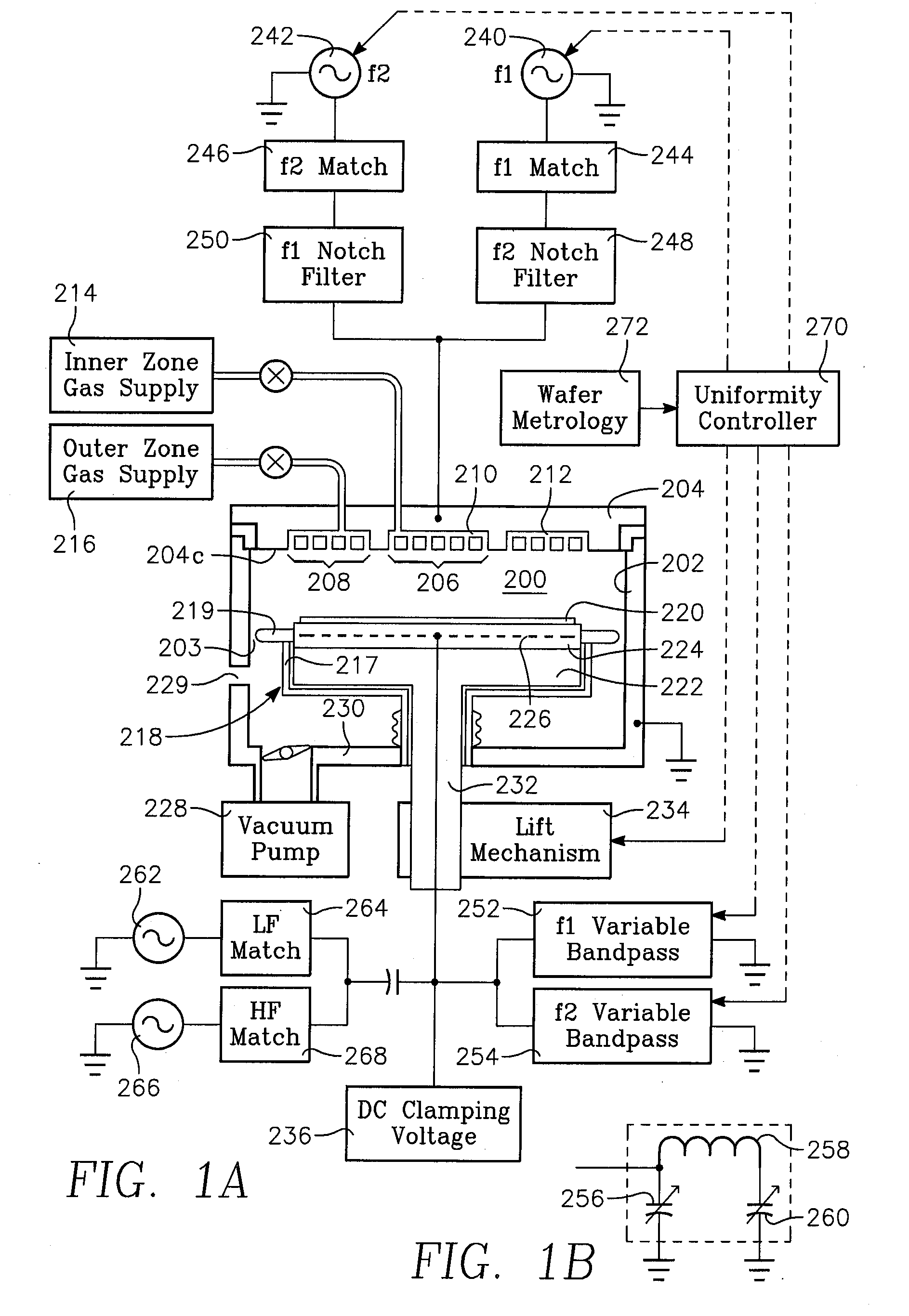 Plasma process uniformity across a wafer by controlling a variable frequency coupled to a harmonic resonator