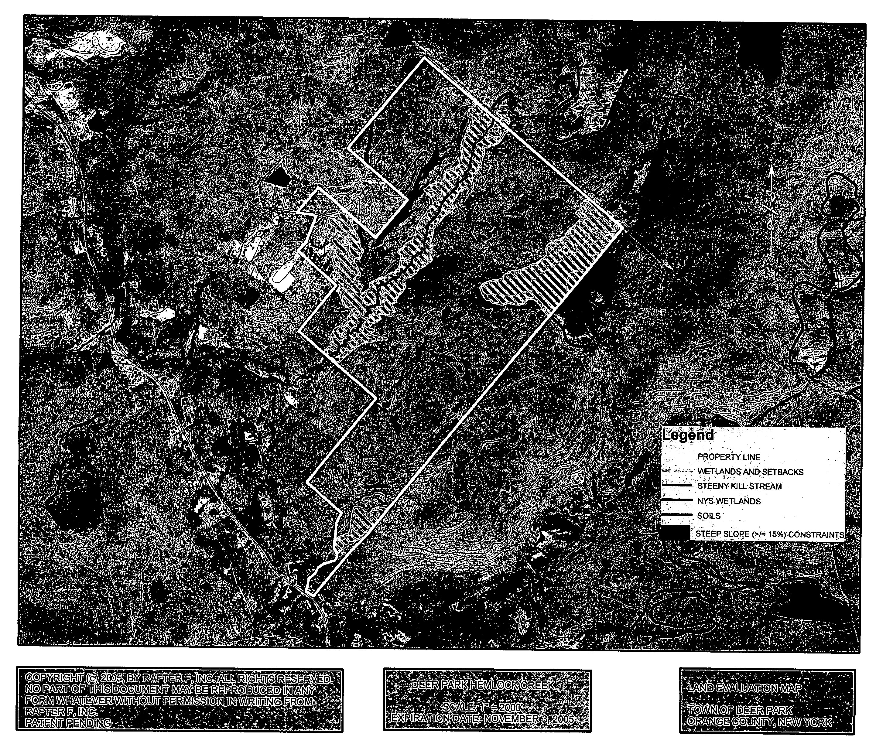 Process, system, or method for the determination of the percentage of area of a parcel of land available for development or preservation and the production of a report and map therefor on a fixed tangible medium