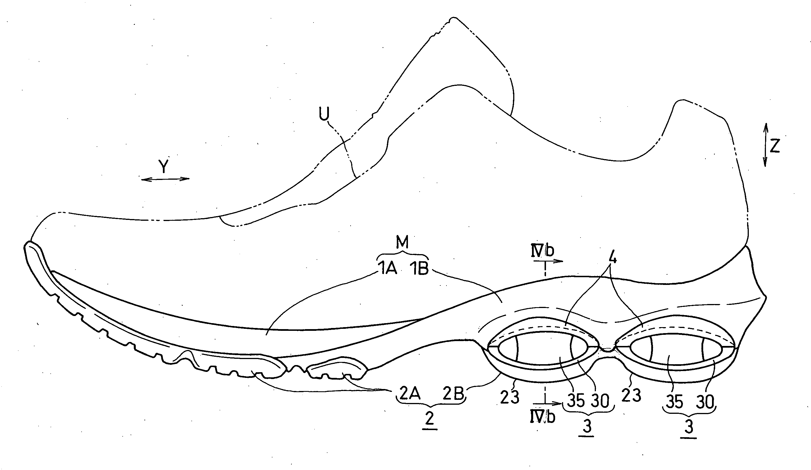 Shock absorbing device for shoe sole in rear foot part