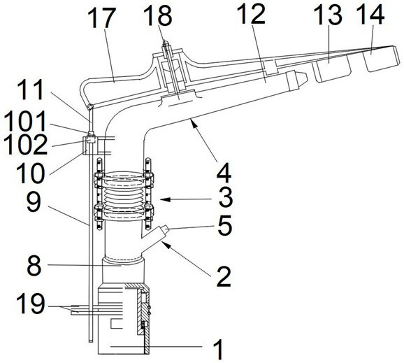 Sprinkling irrigation device with height-adjustable main nozzle