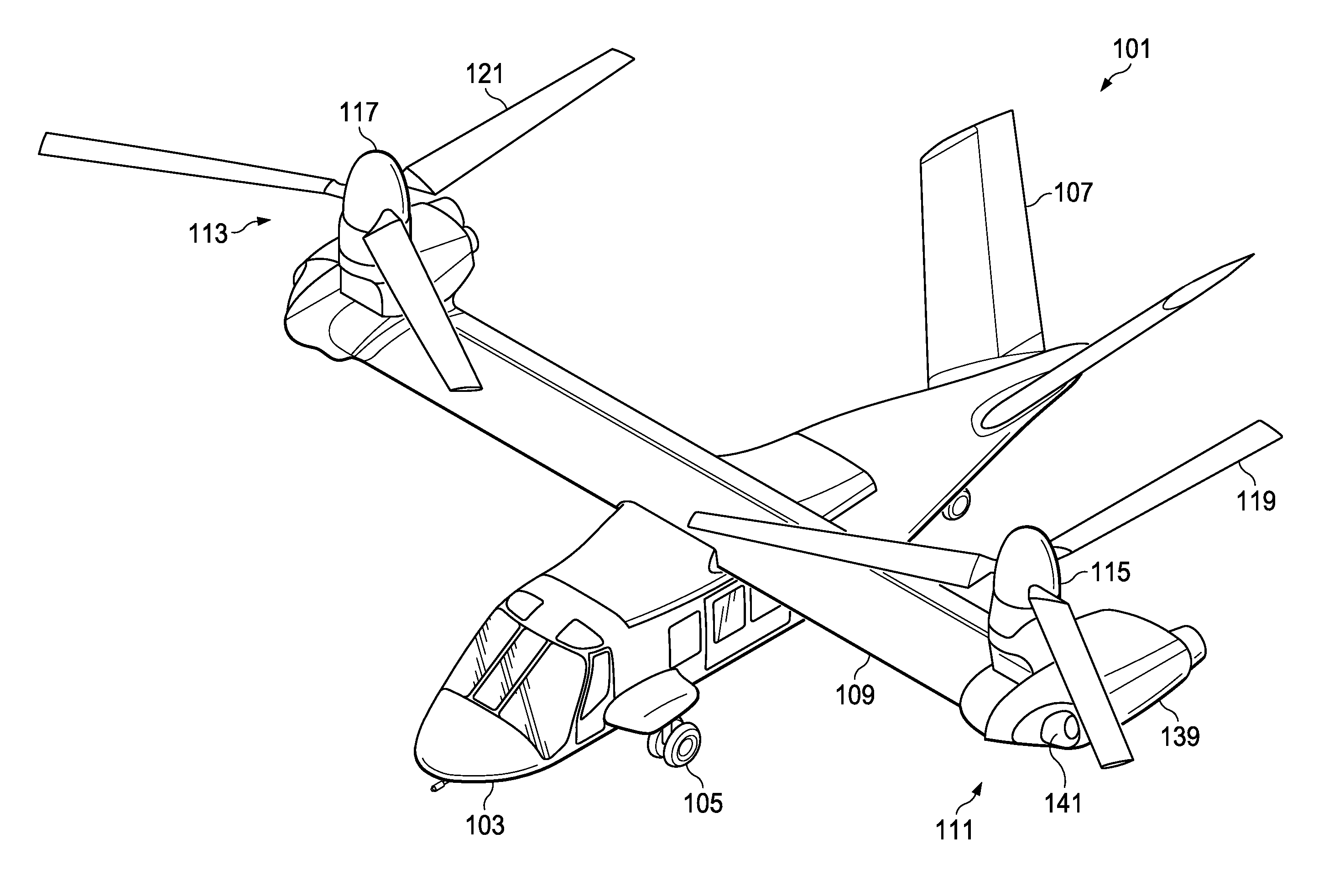 Fixed engine and rotating proprotor arrangement for a tiltrotor aircraft