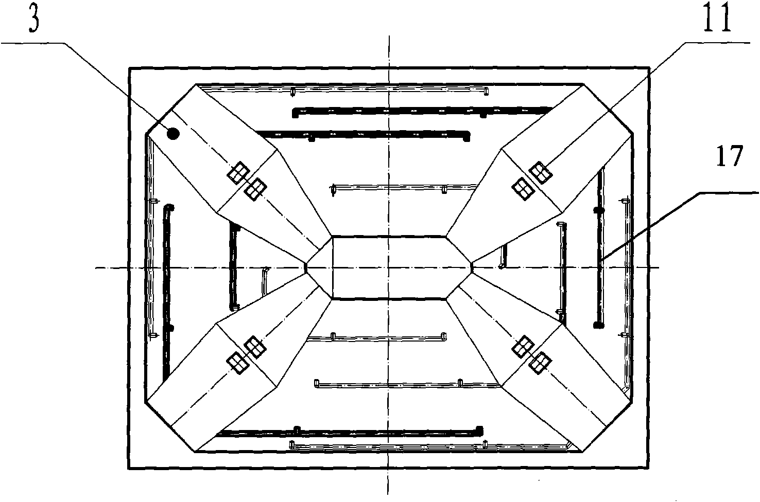 Device for eliminating blocking stocks from reinforced concrete ore bin and using method thereof