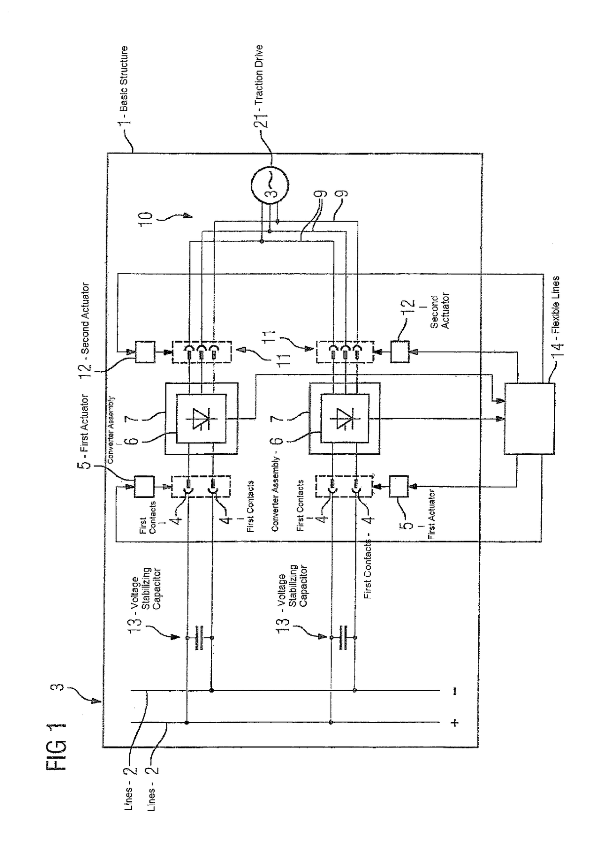 Converter arrangement comprising movable contacts, but immovable converter assembly