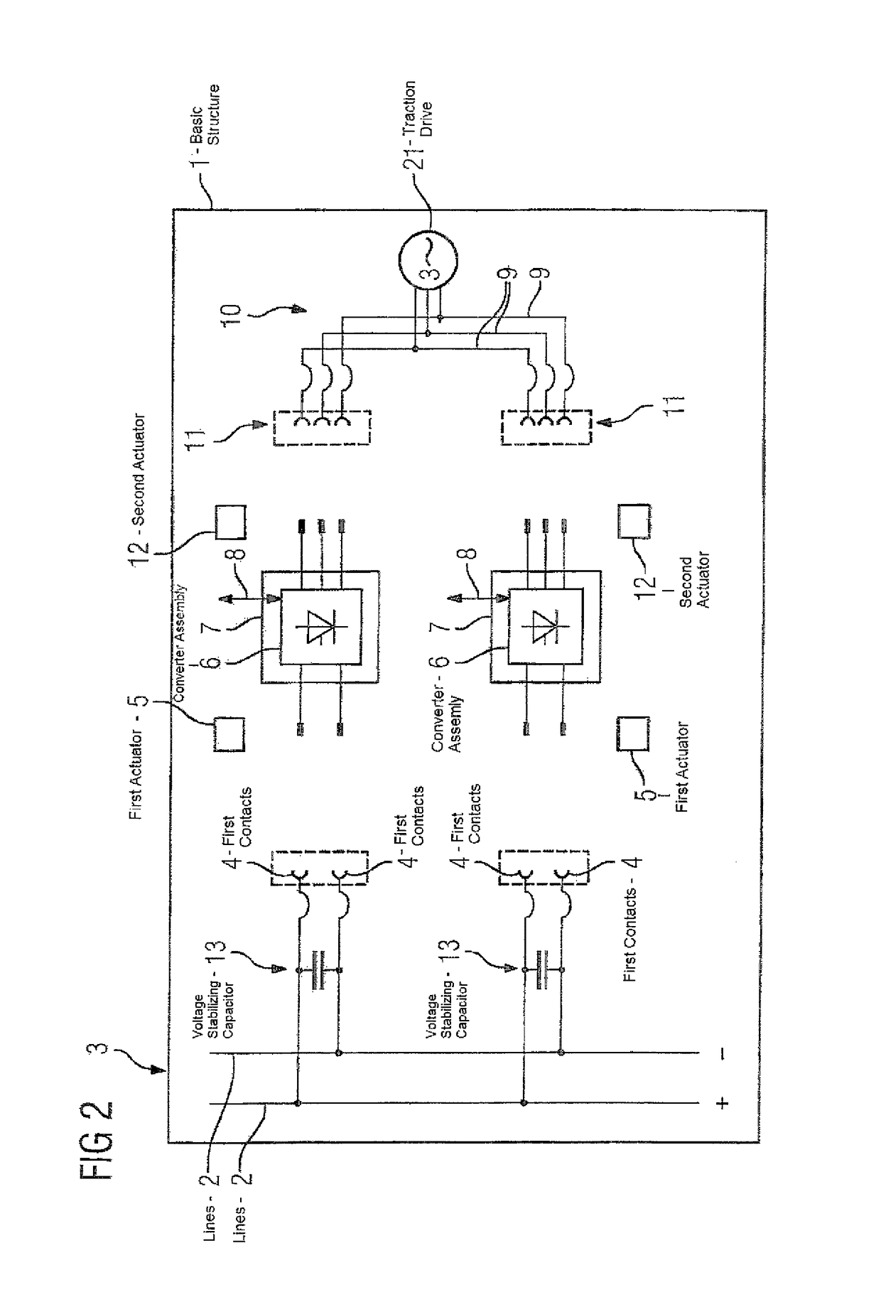 Converter arrangement comprising movable contacts, but immovable converter assembly