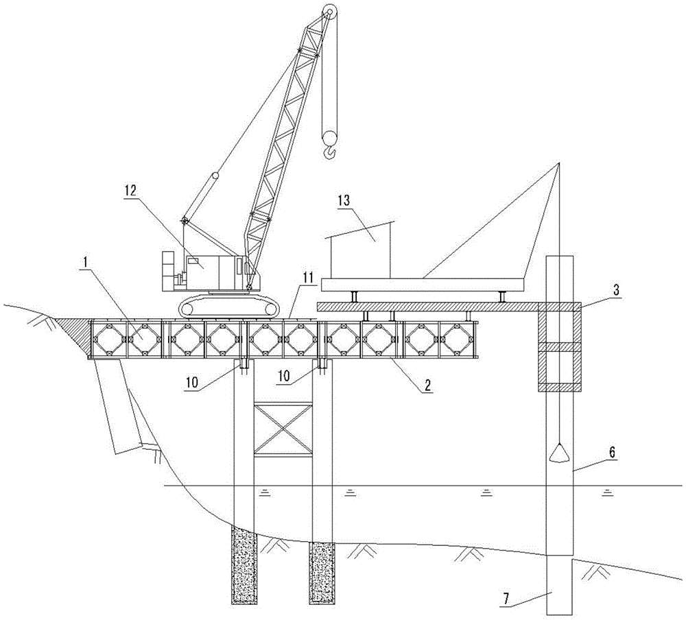 Construction method and facilities of steel trestle bridge with percussion drilling limit hole implantation combined with crawler crane