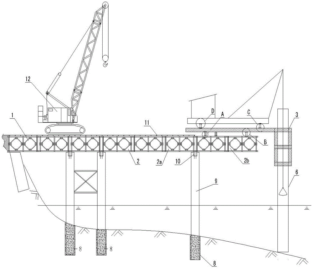 Construction method and facilities of steel trestle bridge with percussion drilling limit hole implantation combined with crawler crane