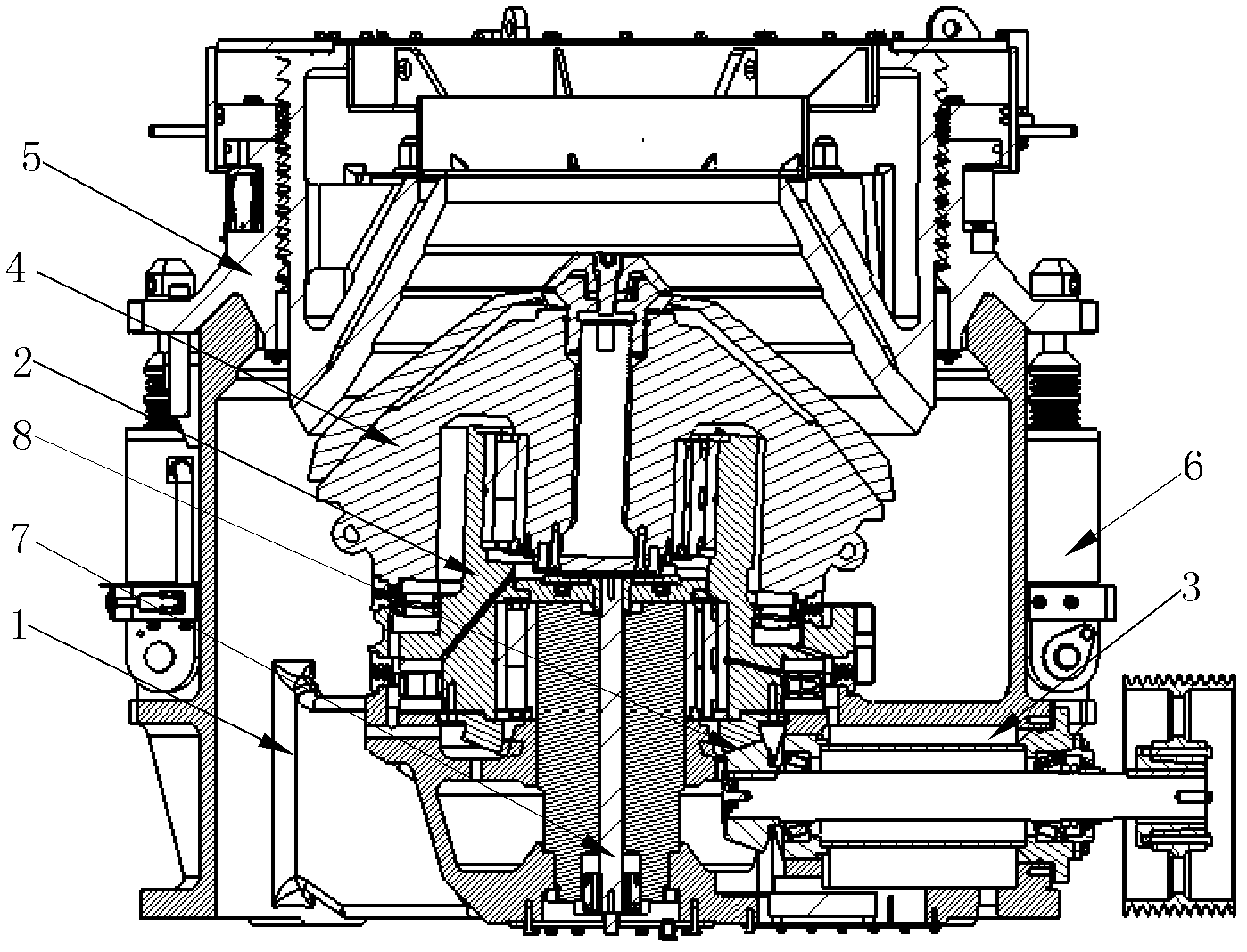 Multi-cylinder hydraulic antifriction bearing taper crusher