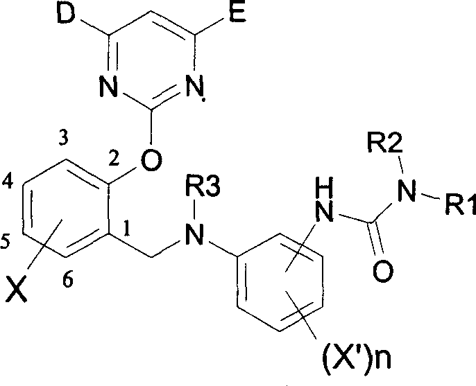 2-pyrimidine oxy-n-ureido phenyl-benzyl amide compound, preparing method and use thereof