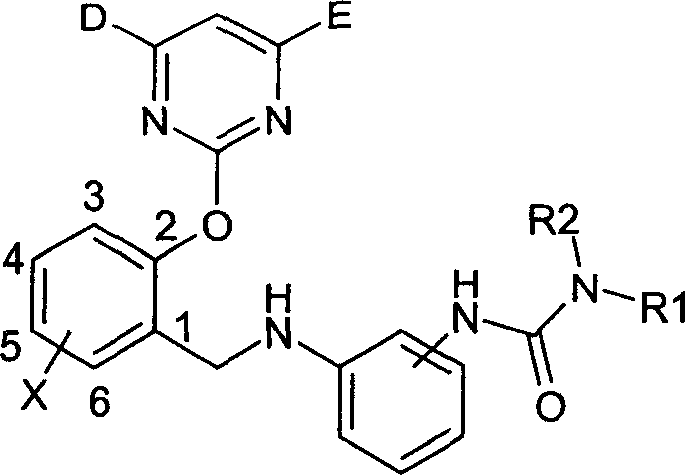 2-pyrimidine oxy-n-ureido phenyl-benzyl amide compound, preparing method and use thereof