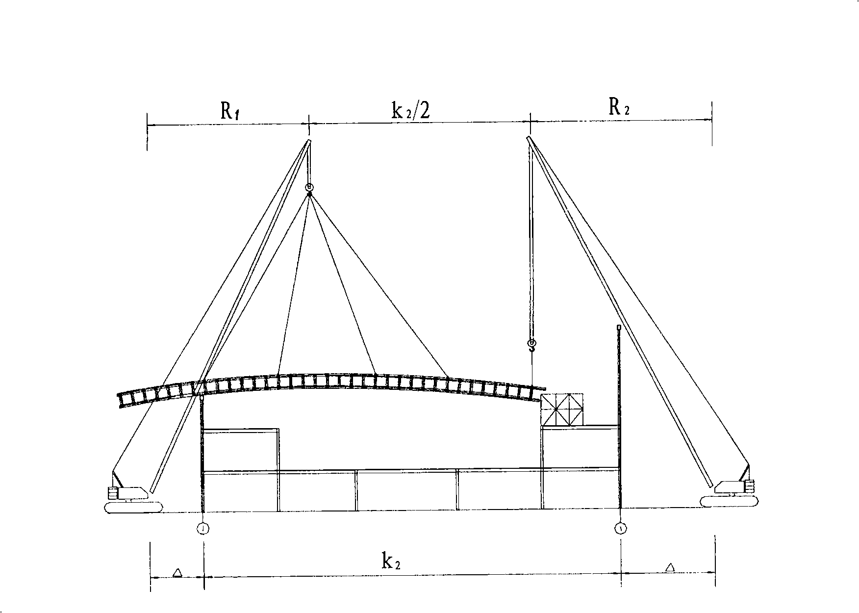 Construction method for hanging wide span arcuated open-web beam