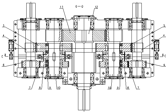 Divided flow type master transmission reduction gear box of hot rolling mill