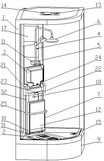 Integrated toilet with compactly arranged folding sanitary appliances