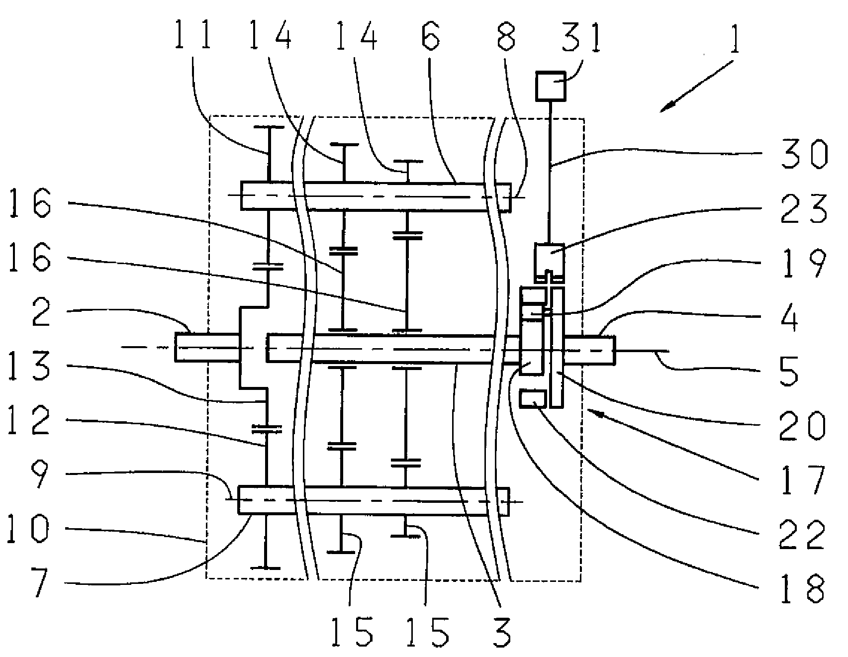 Method for determining the rotational speed of the main shaft of a transmission, and transmission comprising a device for detecting rotational speed