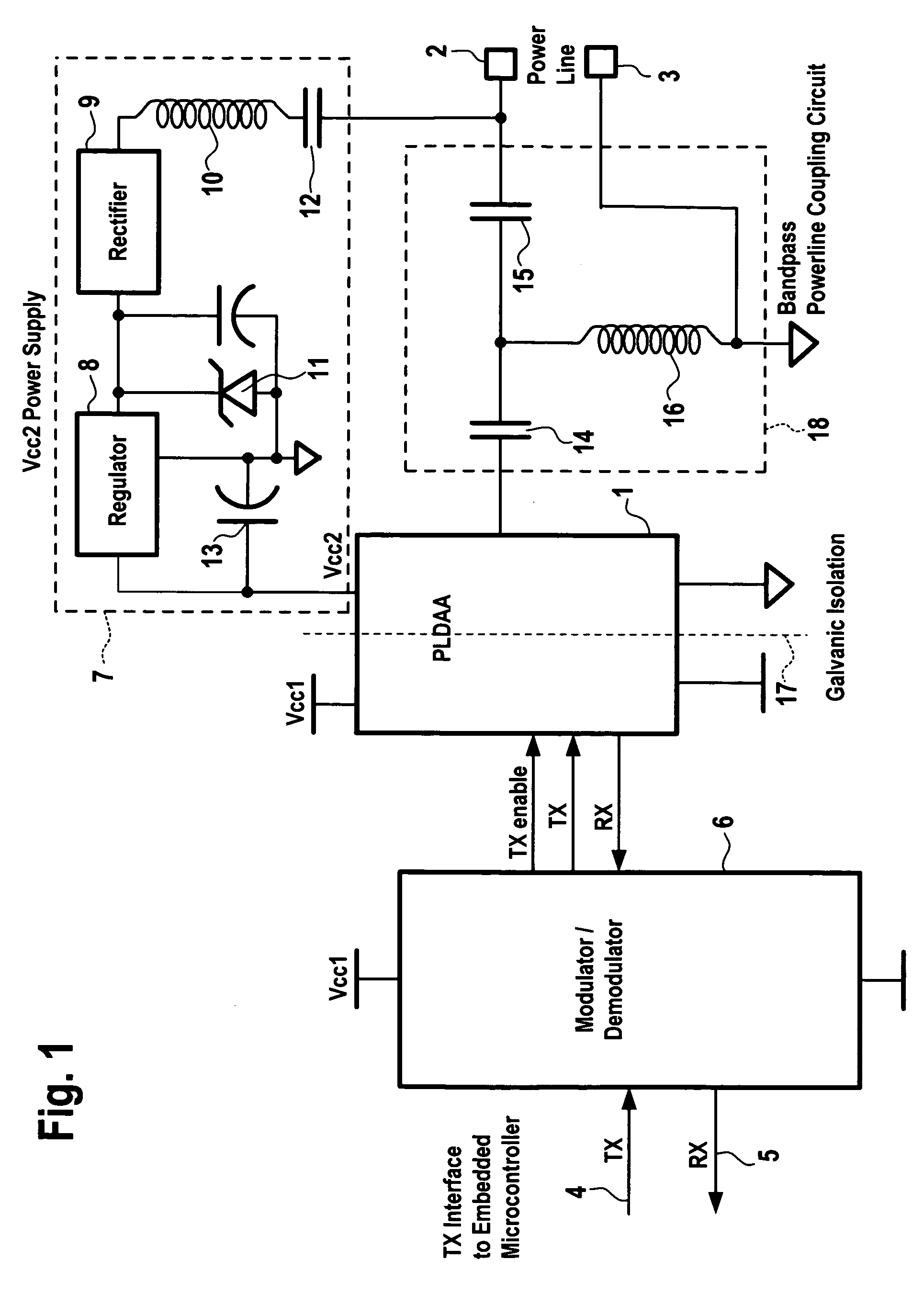 Coupling circuit arrangement for data communication over power lines