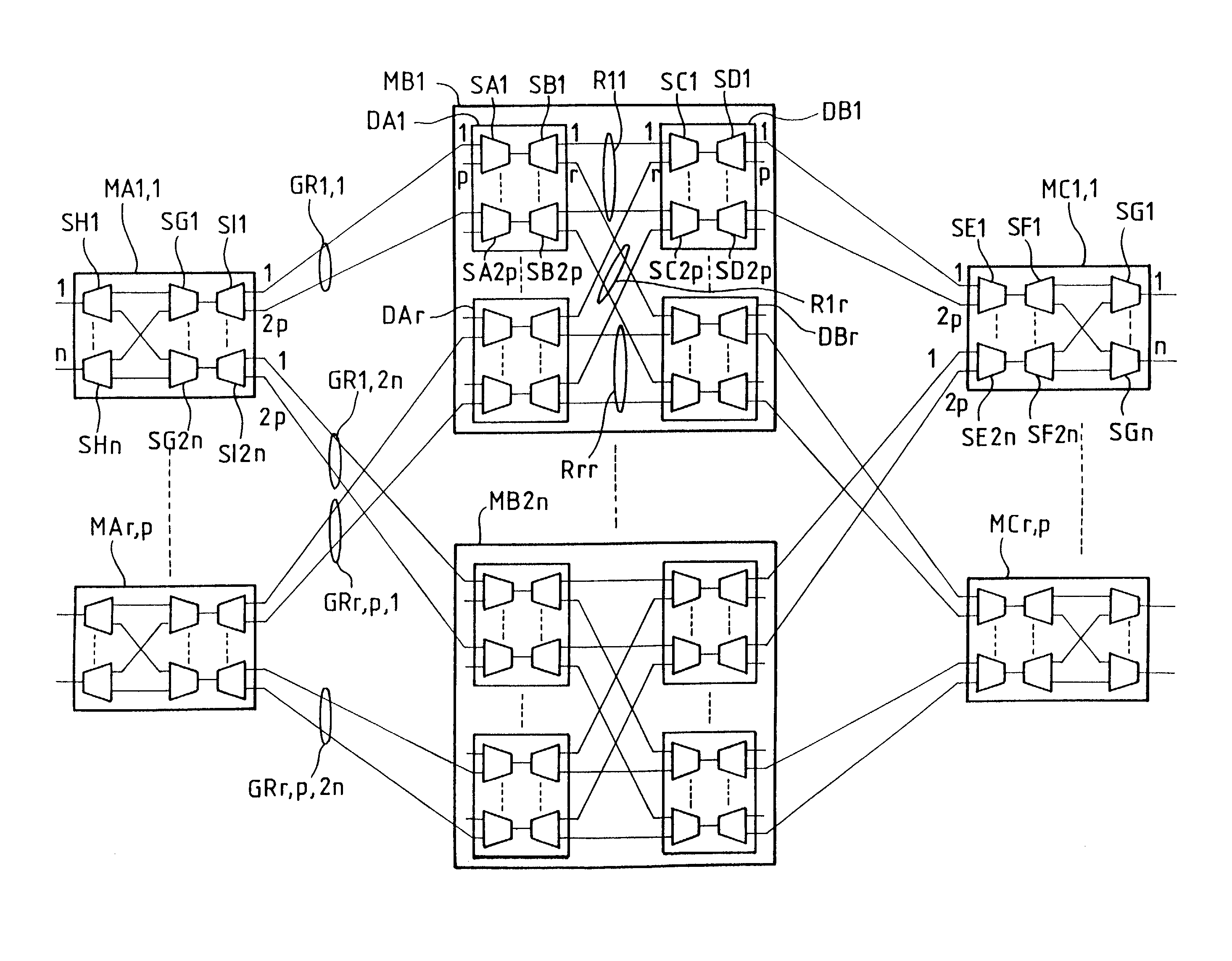 Switch modules, a switch matrix including such modules, and a non-blocking modular switch network including such a matrix