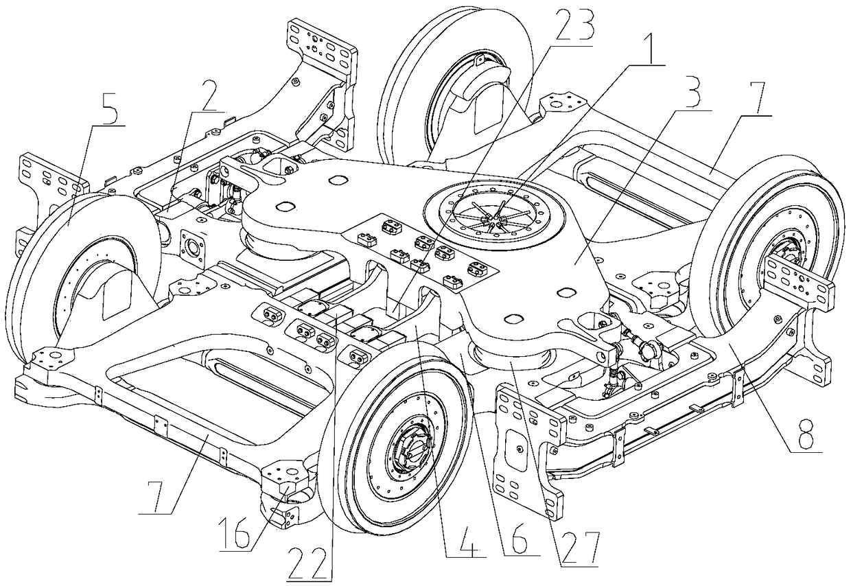 Low-floor articulated rail vehicle bogie frames and bogies