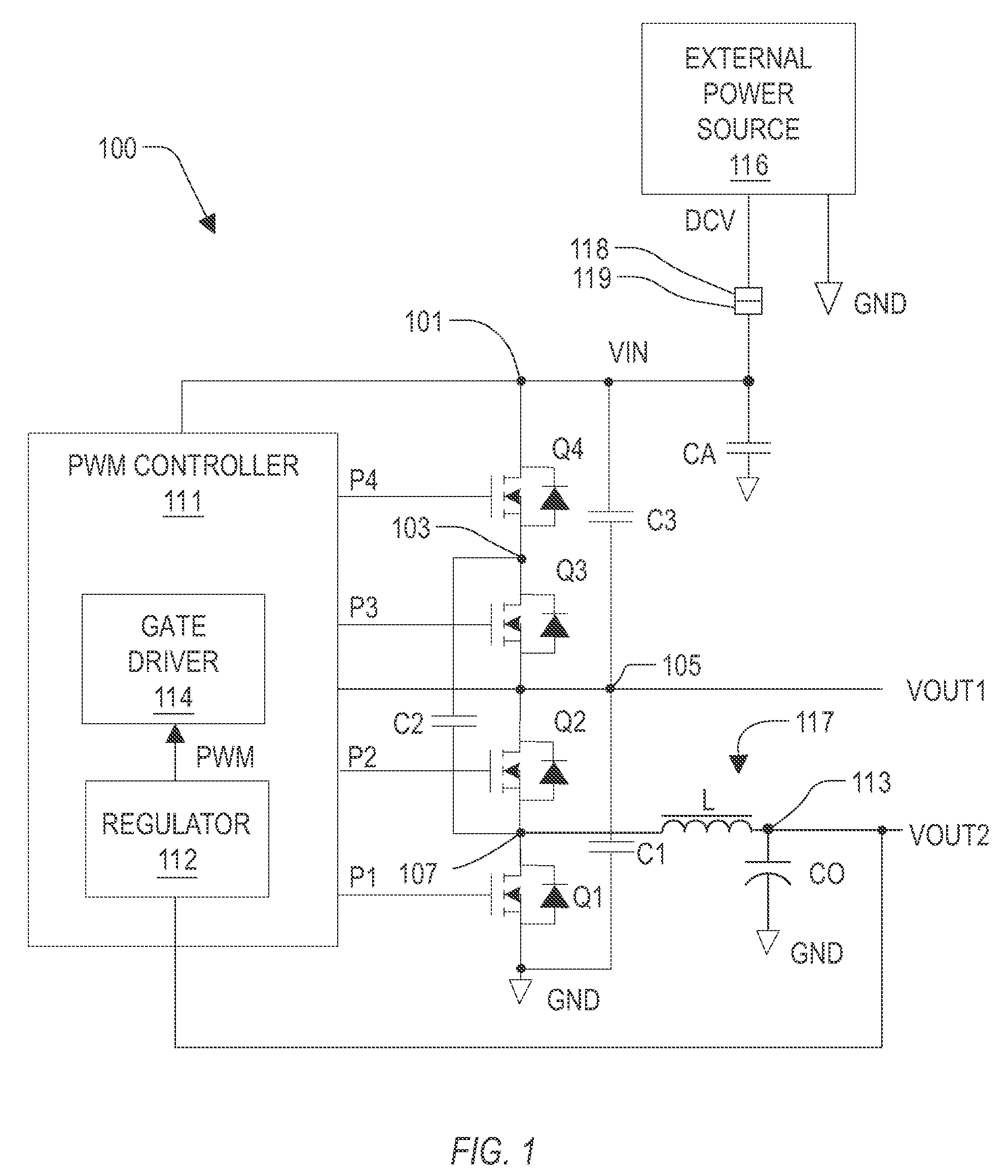 Voltage converter with combined buck converter and capacitive voltage divider