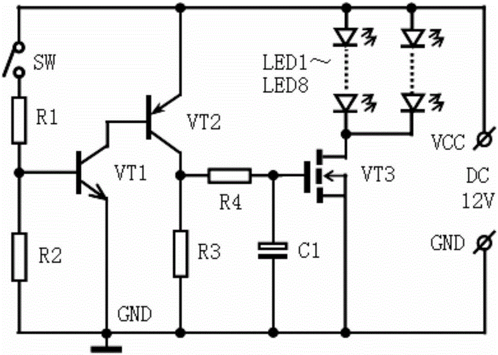 Brightness fade-on and fade-off LED lighting lamp employing discrete components