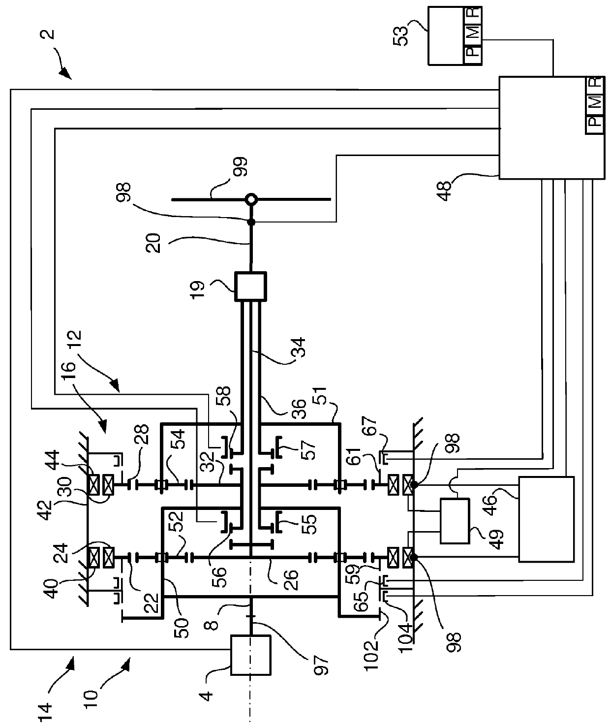 Gearbox for a hybrid powertrain and method to control such a gearbox