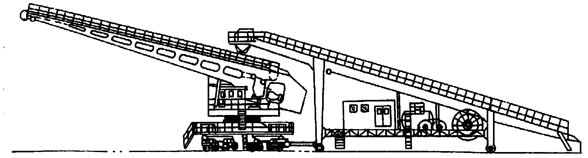 Cantilevered moving and rotating belt conveying and distributing machine and work assigning method