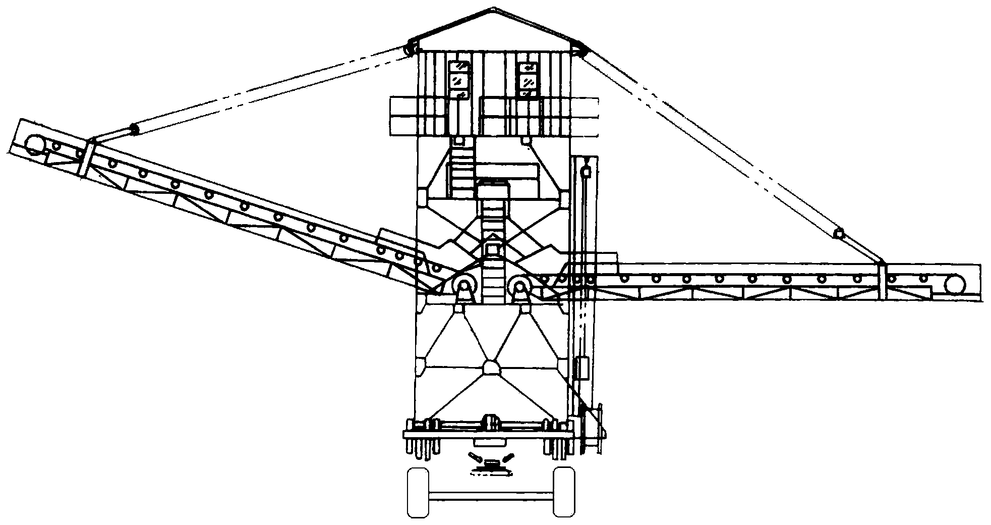 Cantilevered moving and rotating belt conveying and distributing machine and work assigning method