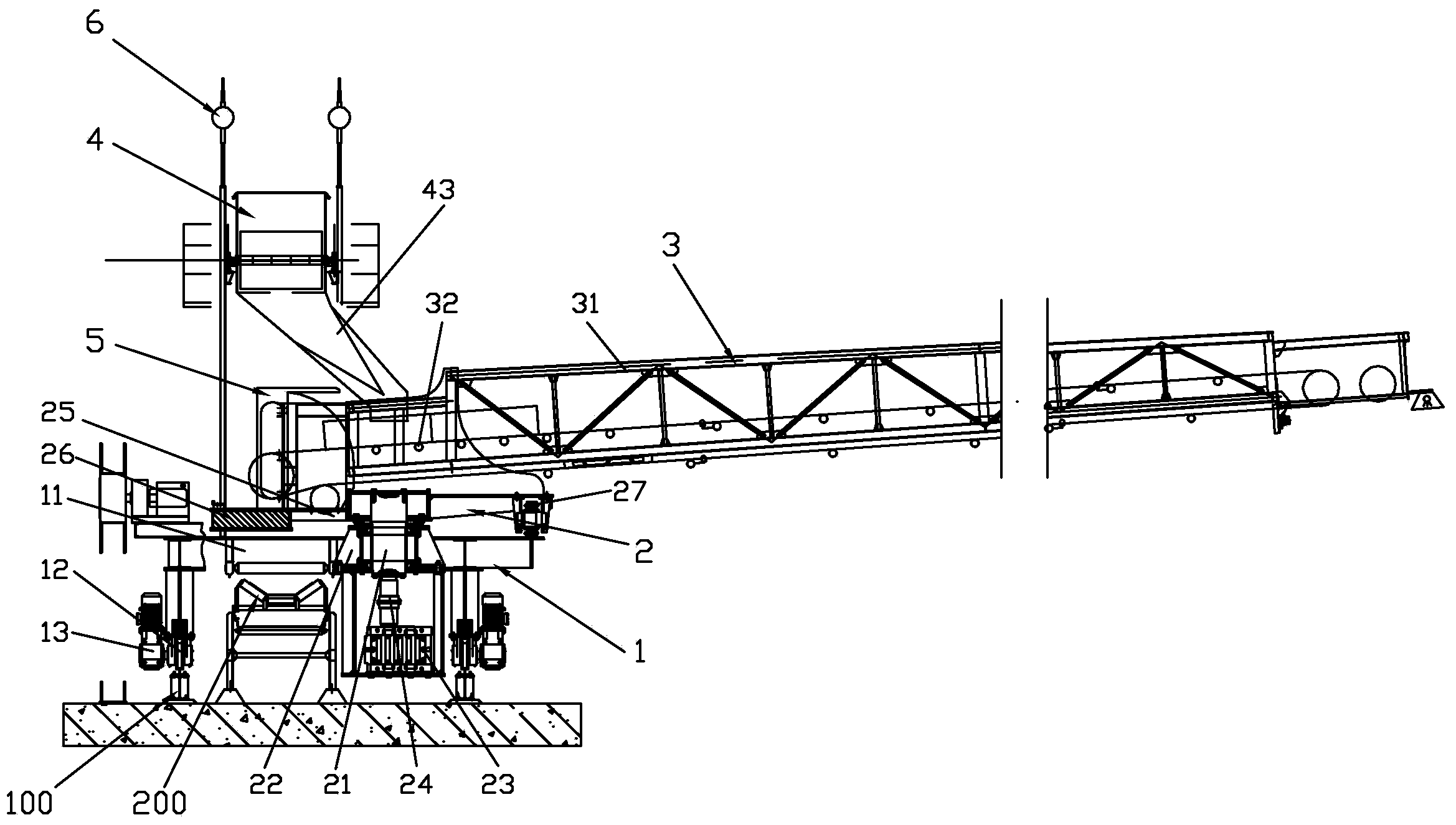 Cantilevered moving and rotating belt conveying and distributing machine and work assigning method