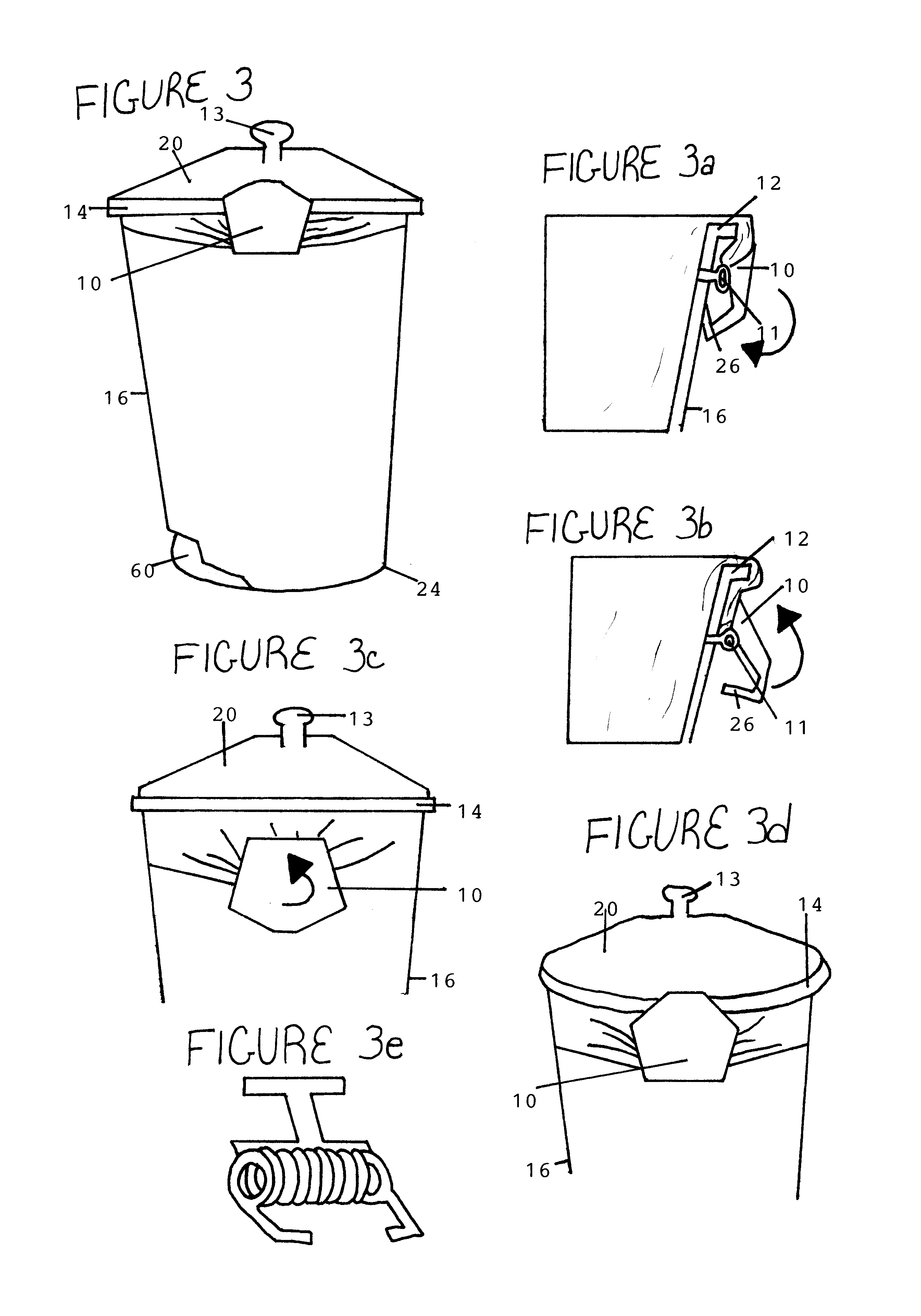 Waste receptacle with swept debris pick up and features to maximize convenient use of receptacle liners