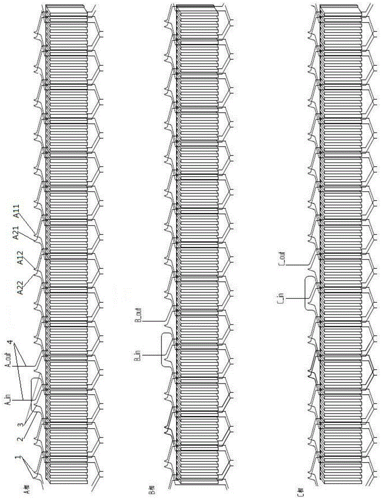 Automobile generator stator assembly employing three-phase multi-slot flat copper wire