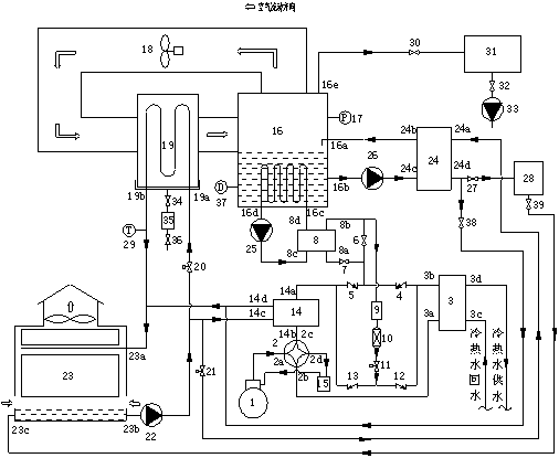 Heat source tower heat pump device achieving solution low-pressure boiling regeneration through heat of subcooling