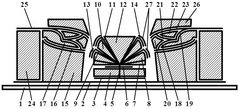 Light emitting displayer with small arc mixed silver gating inclined long leaf convex edge strewn cathode structure