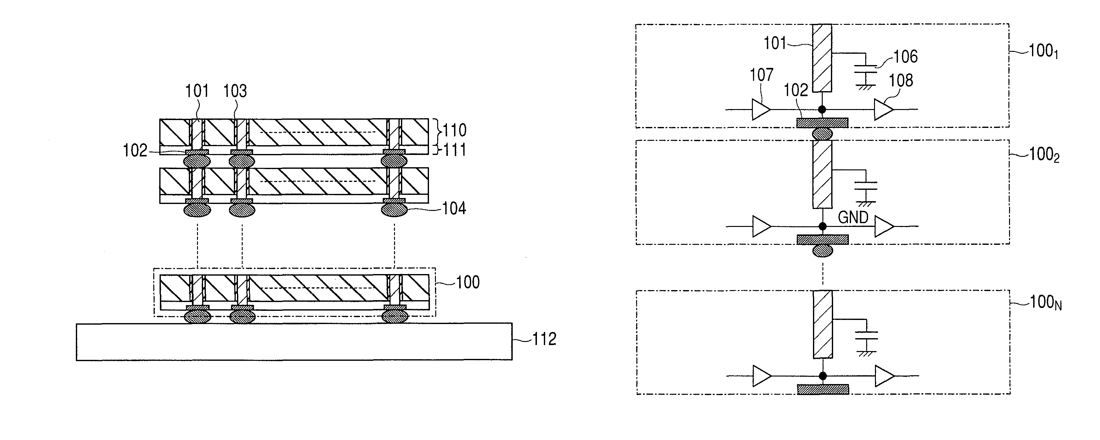 Semiconductor integrated circuit device comprising a plurality of semiconductor chips mounted to stack for transmitting a signal between the semiconductor chips