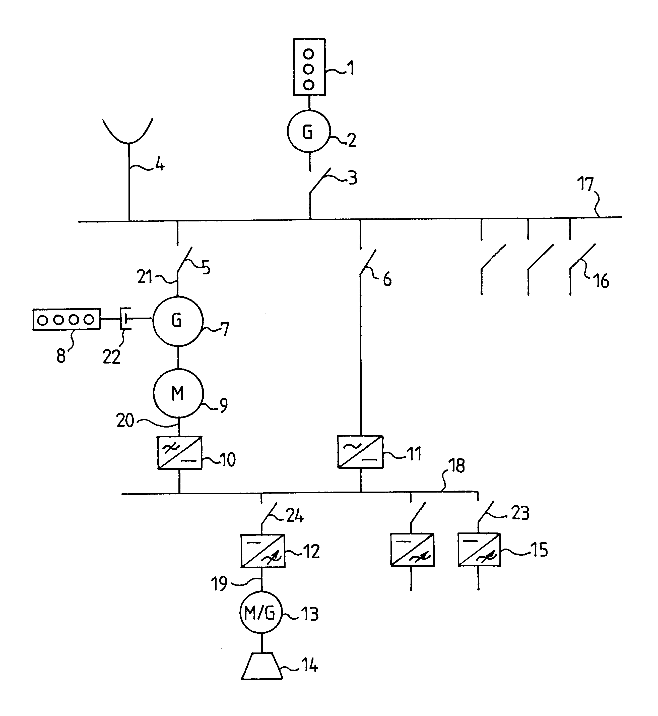 Isolated electrical system including asynchronous machine with prime mover and inverter/rectifier