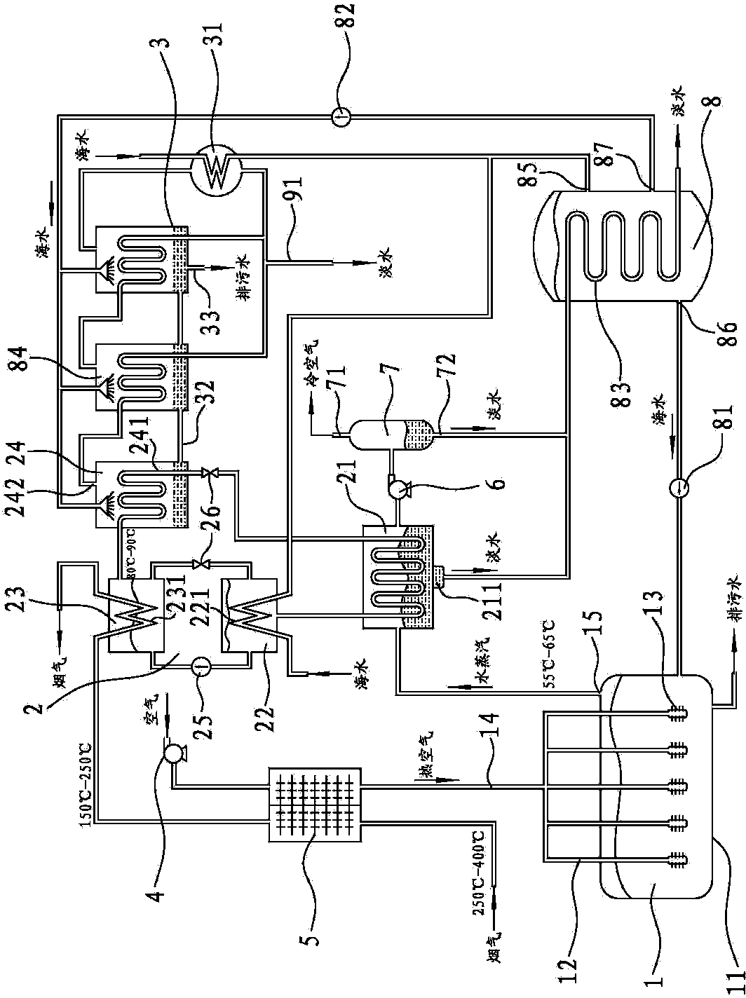 Air type immersing distillation-multiple-effect evaporation seawater desalting device and method