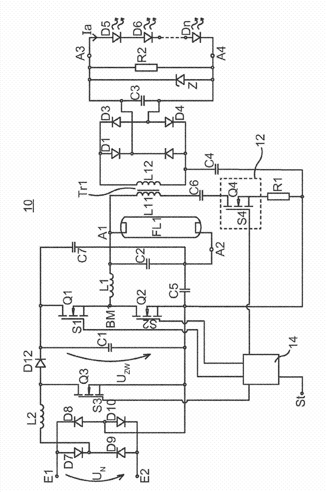 Circuit arrangement for operating at least one discharge lamp and at least one LED