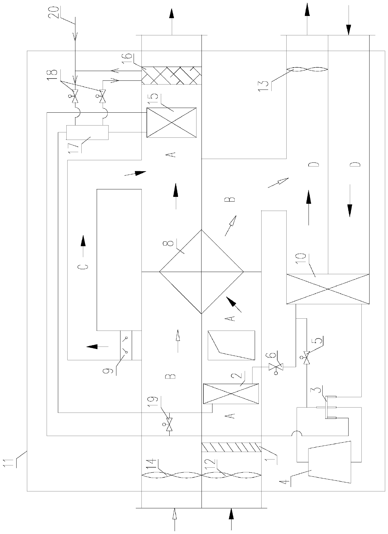 An independent fresh air unit with air energy heat pump heat recovery and humidification function