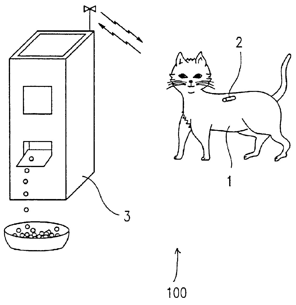 Automatic feeding system having animal carried transmitter which transmits feeding instructions to feeder